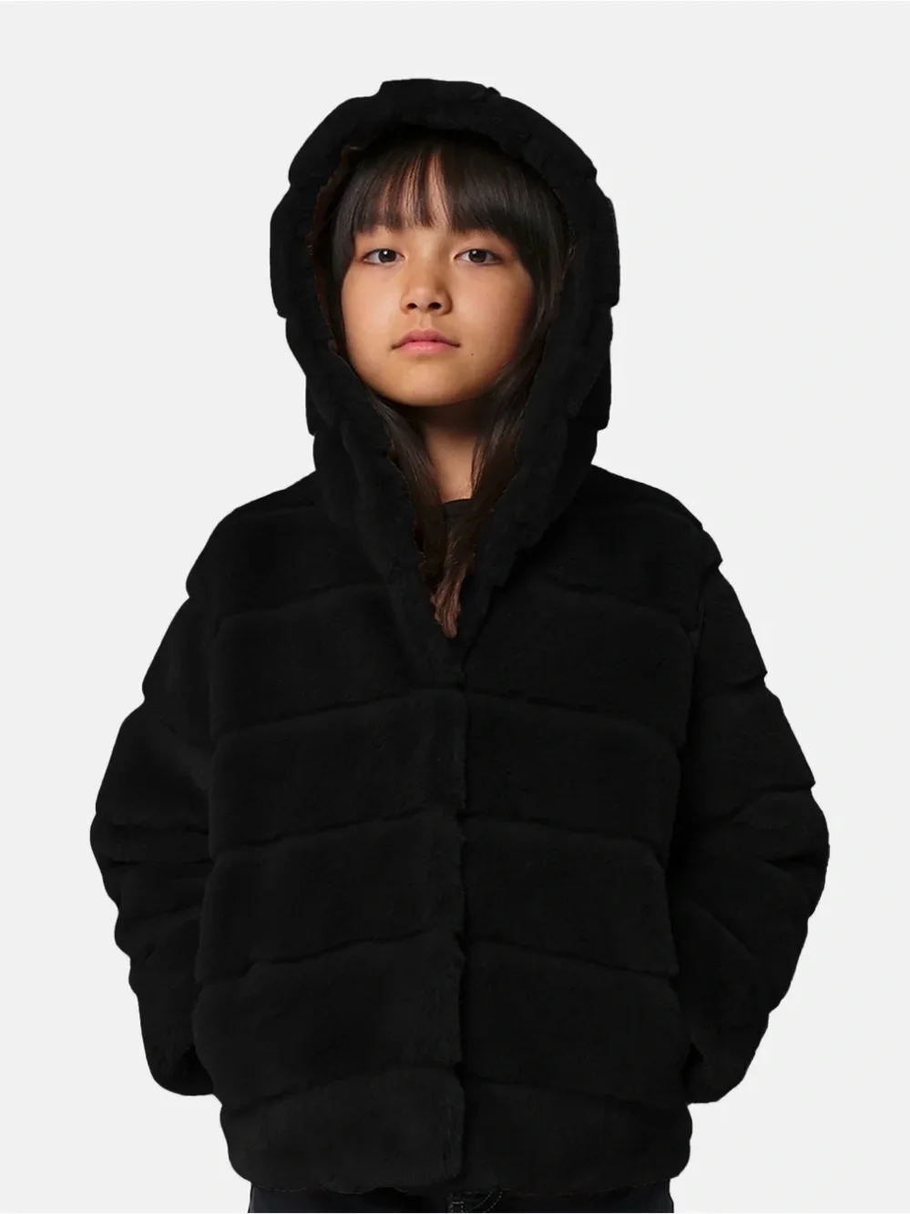 Apparis Goldy Kids Faux Fur Tiered Hooded Coat Black 10Y Excellent